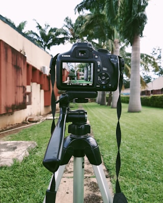 A camera mounted on a tripod is positioned on a grassy area. The camera's screen is visible, capturing a building with red and beige walls and surrounded by tall palm trees. The angle suggests a focus on outdoor photography.