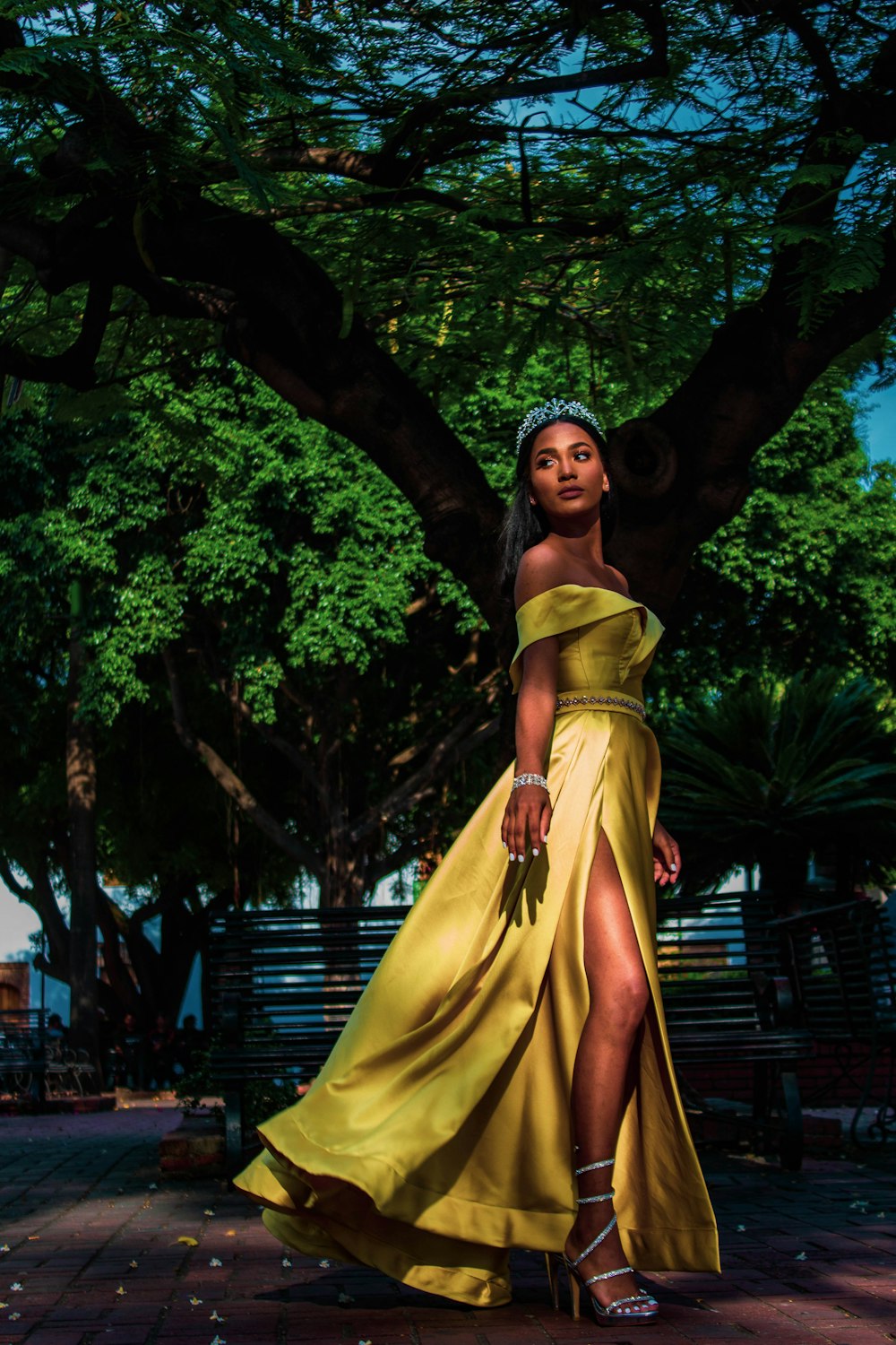 mulher vestindo amarelo off-shoulder silt vestido com tiara prateada