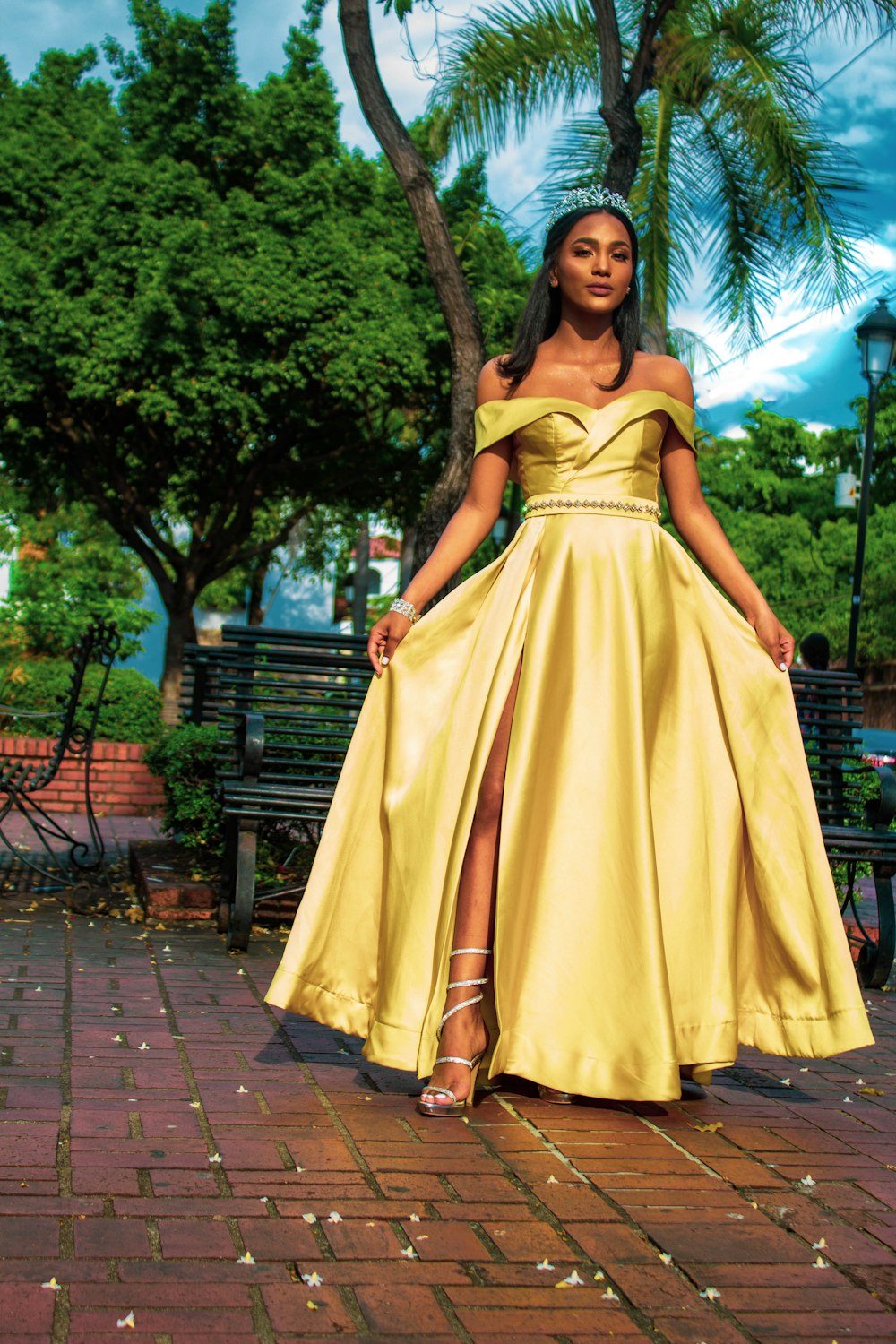 woman wearing yellow off-shoulder silt dress