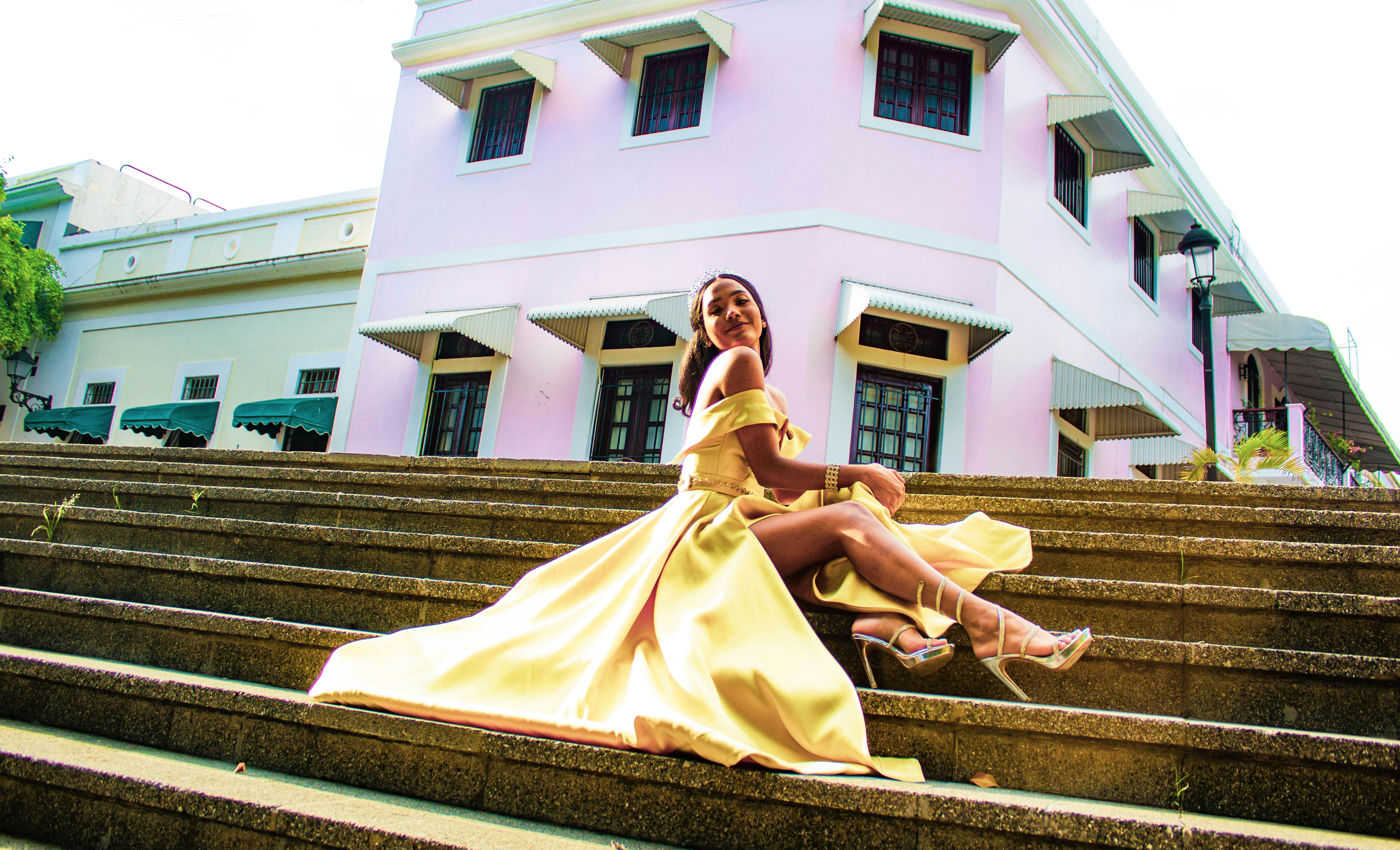 woman wearing yellow off-shoulder silt dress