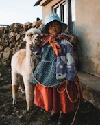 girl wearing multicolored dress standing near white llama