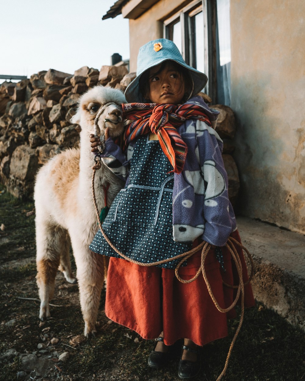 Menina usando vestido multicolorido em pé perto lhama branca