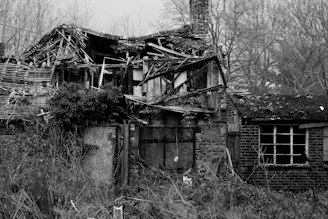 grayscale photo of wrecked house