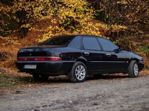 A black sedan cruising through a leafy suburban neighborhood with autumn colors