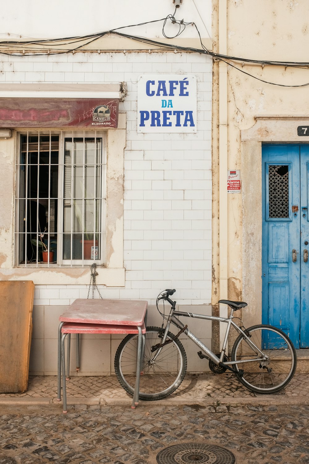 bike parked near blue door