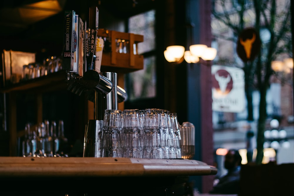 clear drinking glasses on table