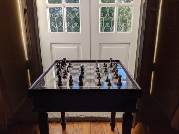 A wooden chessboard with chess pieces set up sits on a small table in front of a large, white, paneled door. The door has square glass panels framed by metal bars, through which greenery can be seen. Warm light filters through, casting shadows and highlighting the chess pieces.