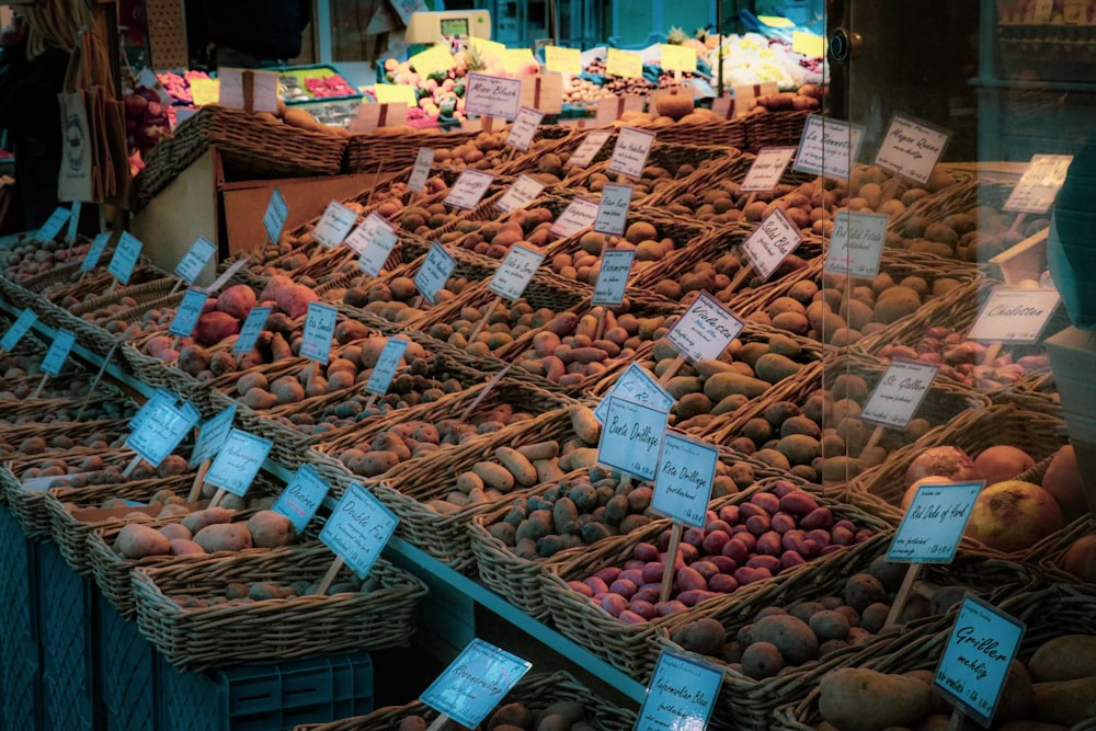 vegetables in baskets placed on stand