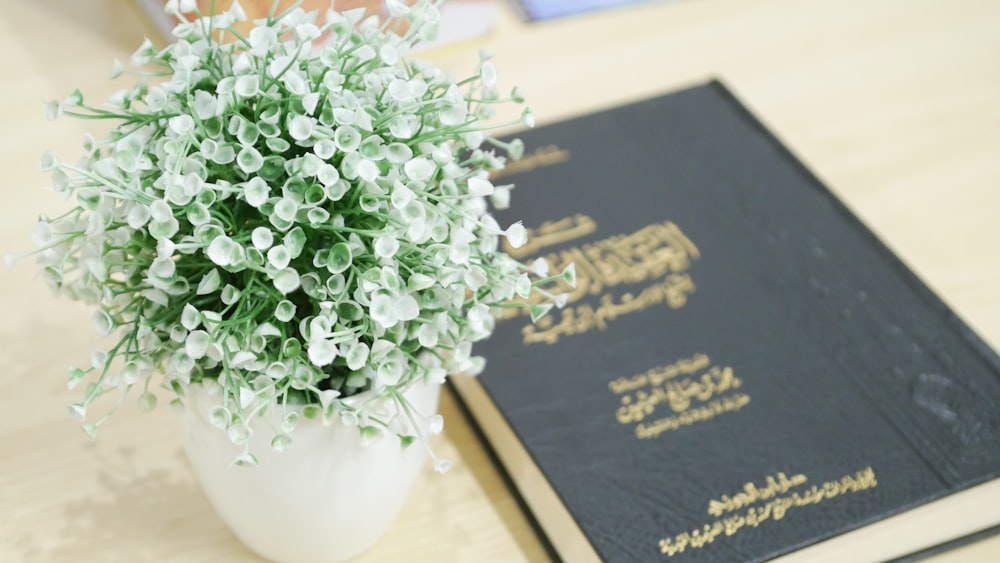 white petaled flowers in vase beside book