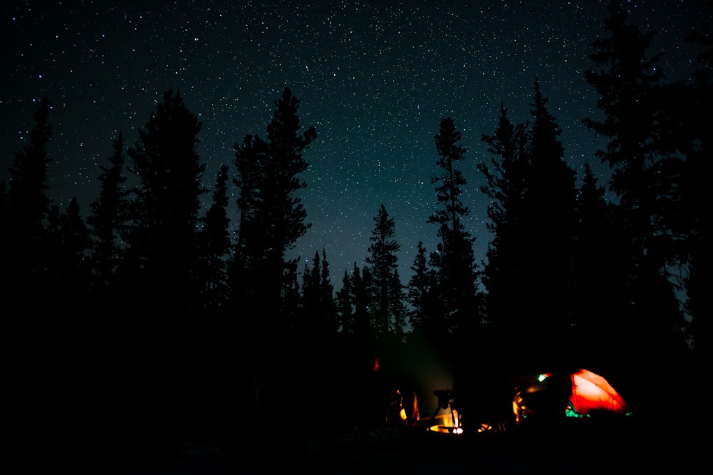 a tent is set up in the woods at night