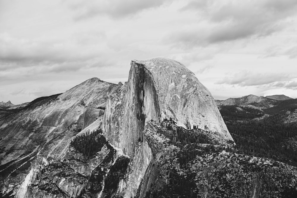 grayscale photography of mountain