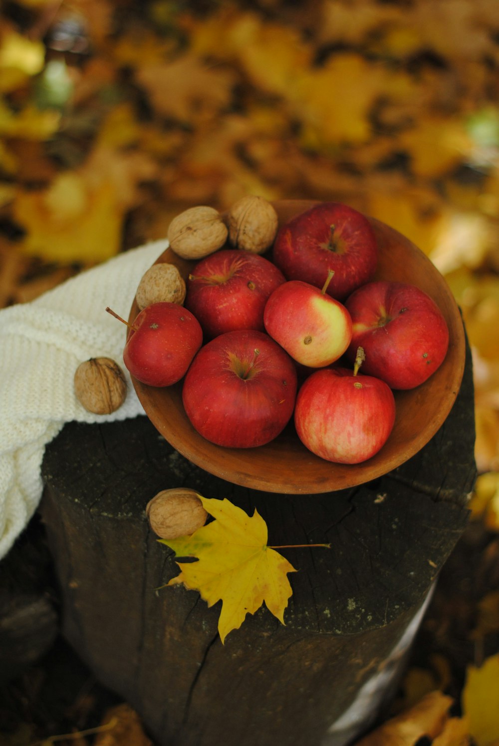 red apple in brown bowl