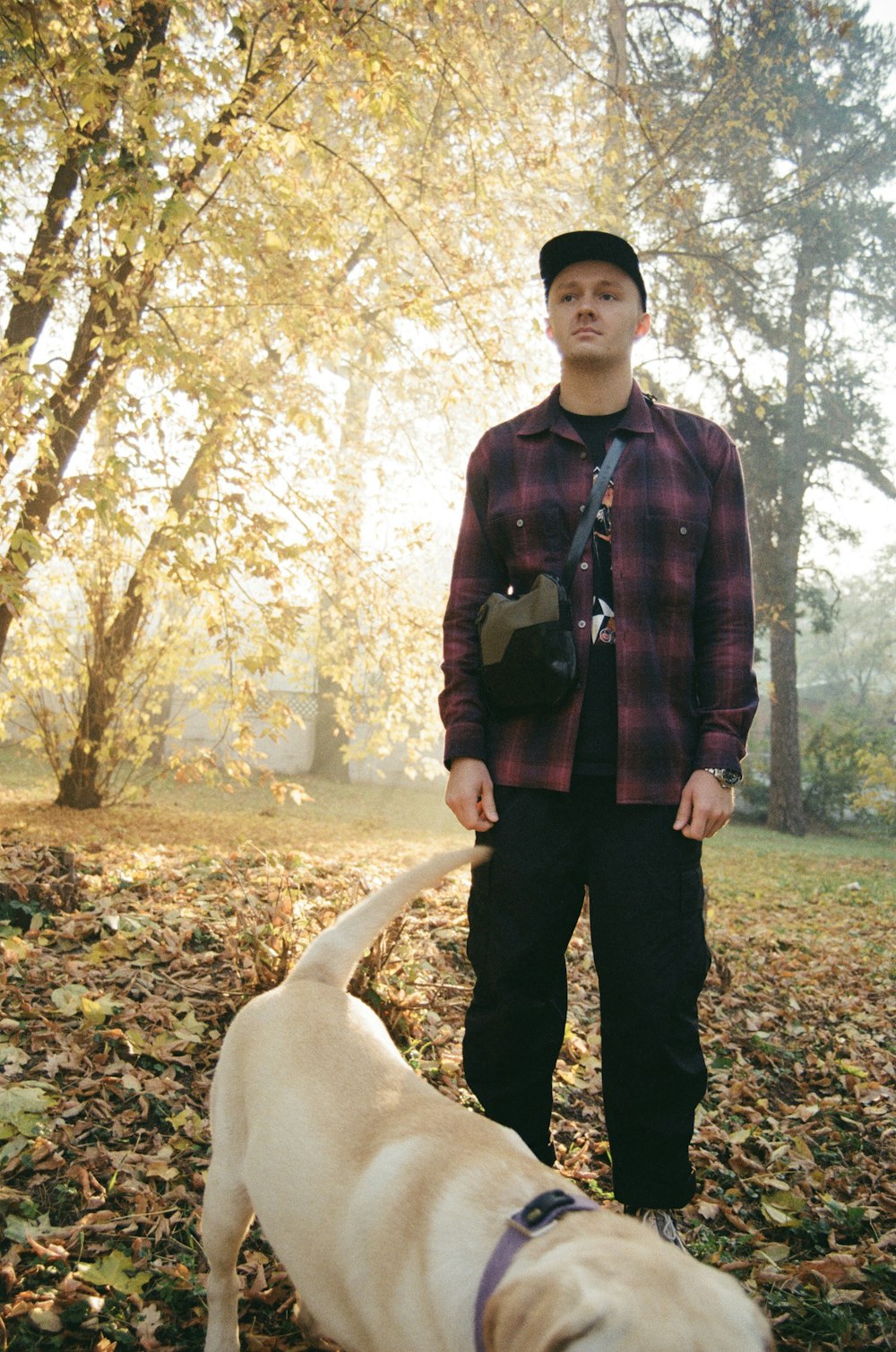man wearing red and black checked collared button-up long-sleeved shirt standing near yellow Labrador retriever surrounded with tall and green trees during daytime