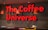 A bold, red 3D sign with the words 'The Coffee Universe' is mounted on a dark wall. Hanging from the ceiling are three orange pendant lamps. Below the sign, there is a dark brown counter with a stack of magazines and a small wooden container holding various items, such as packets and stirrers.