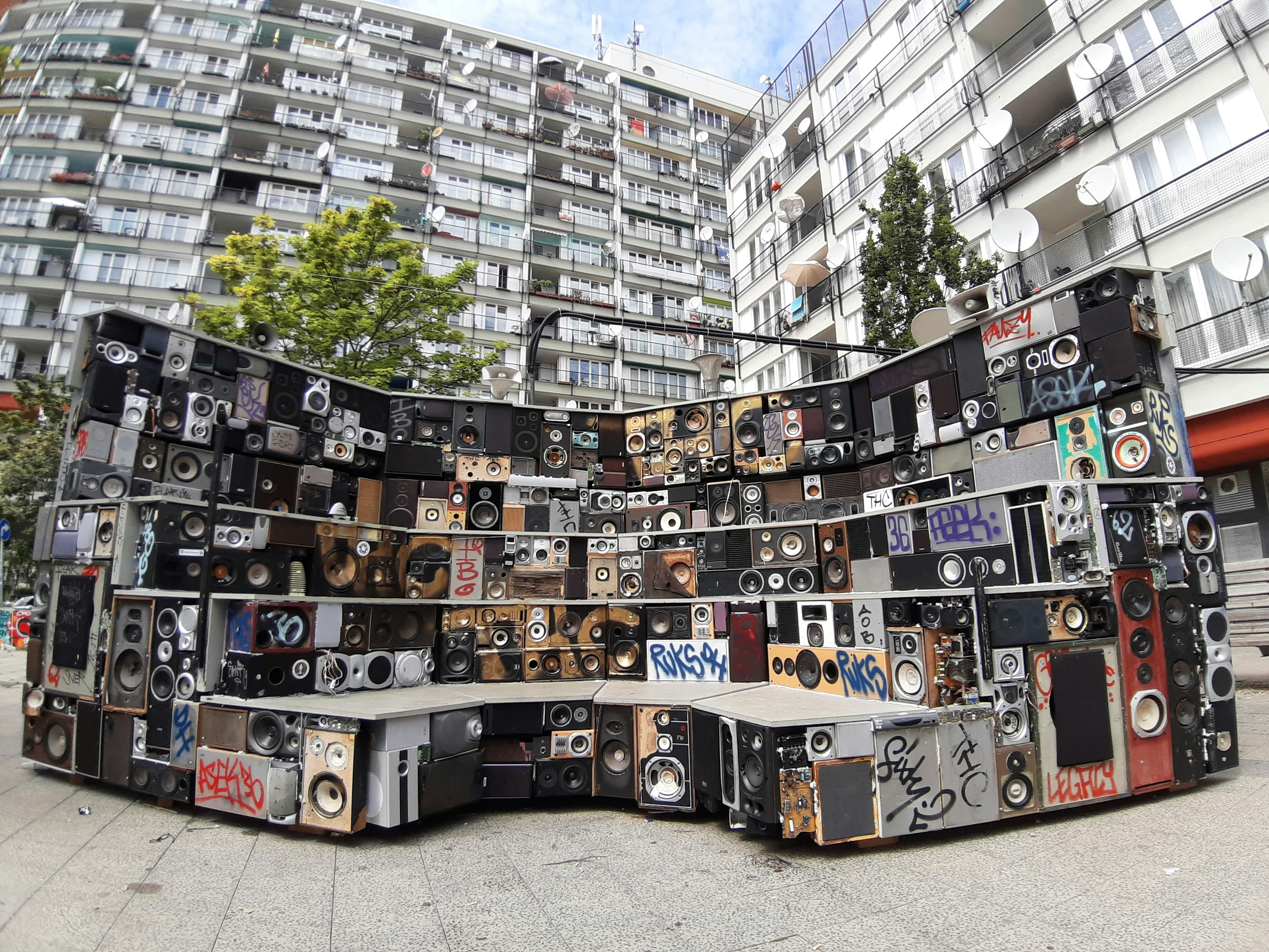 multicolored PA speakers stage