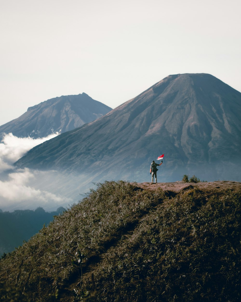 person standing on cliff viewing mountain during daytime