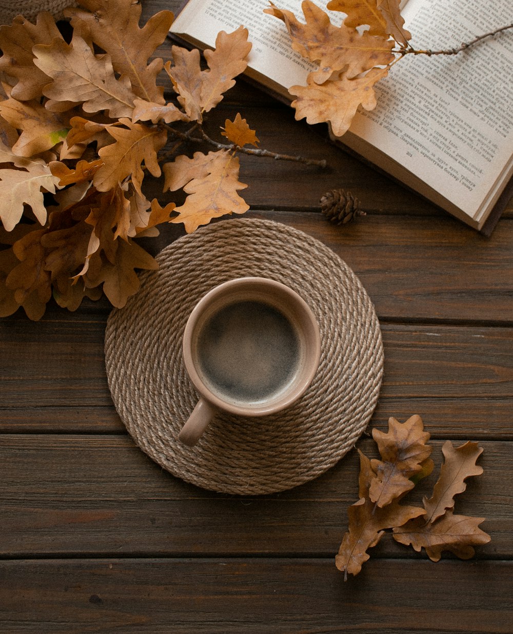 white ceramic mug on wicker saucer beside books with leaves