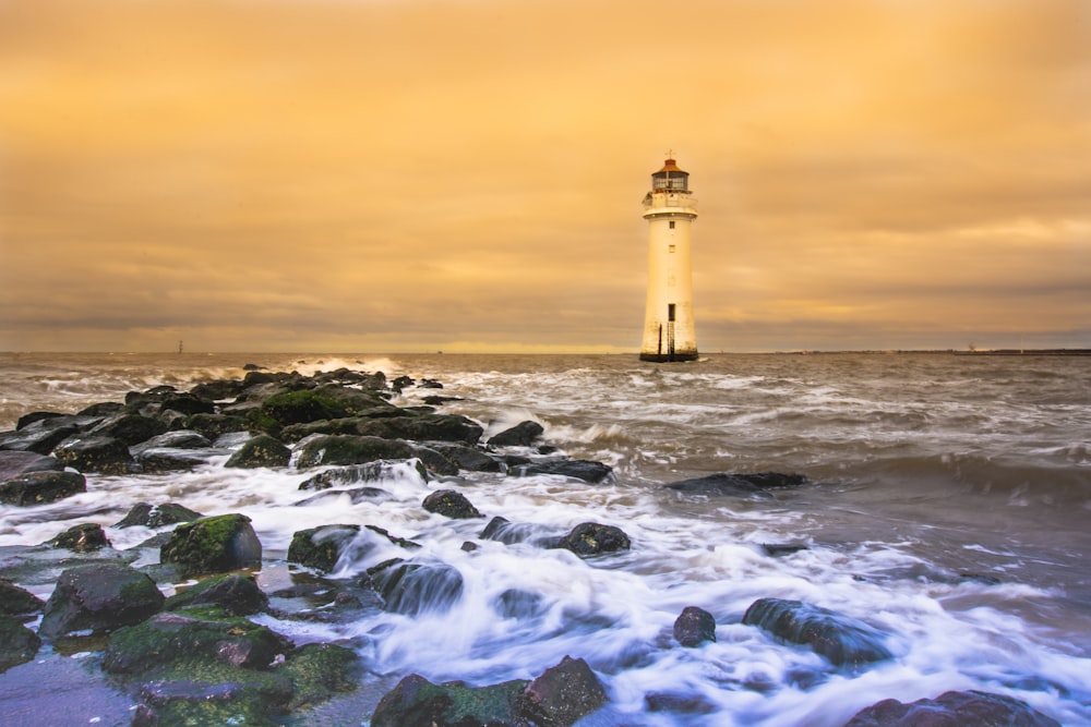 white and black lighthouse painting