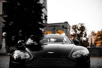 A luxurious sports car parked in an upscale urban setting, showcasing its sleek design and polished finish.