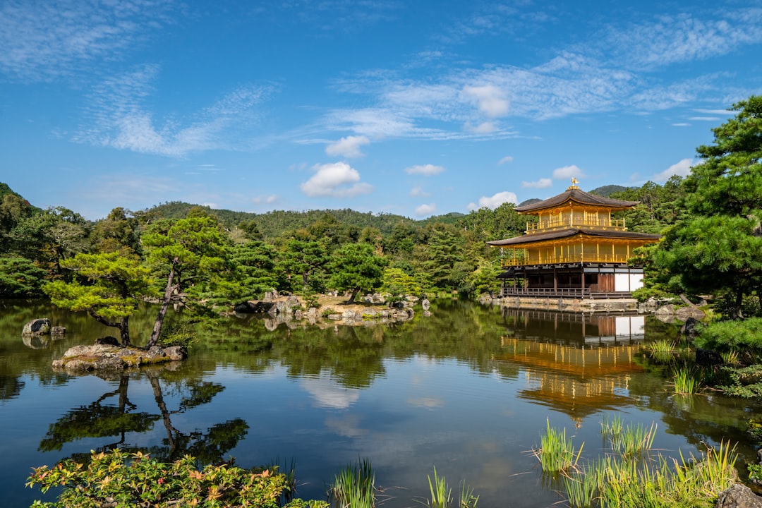 yellow and brown temple surrounded with trees and facing body of water