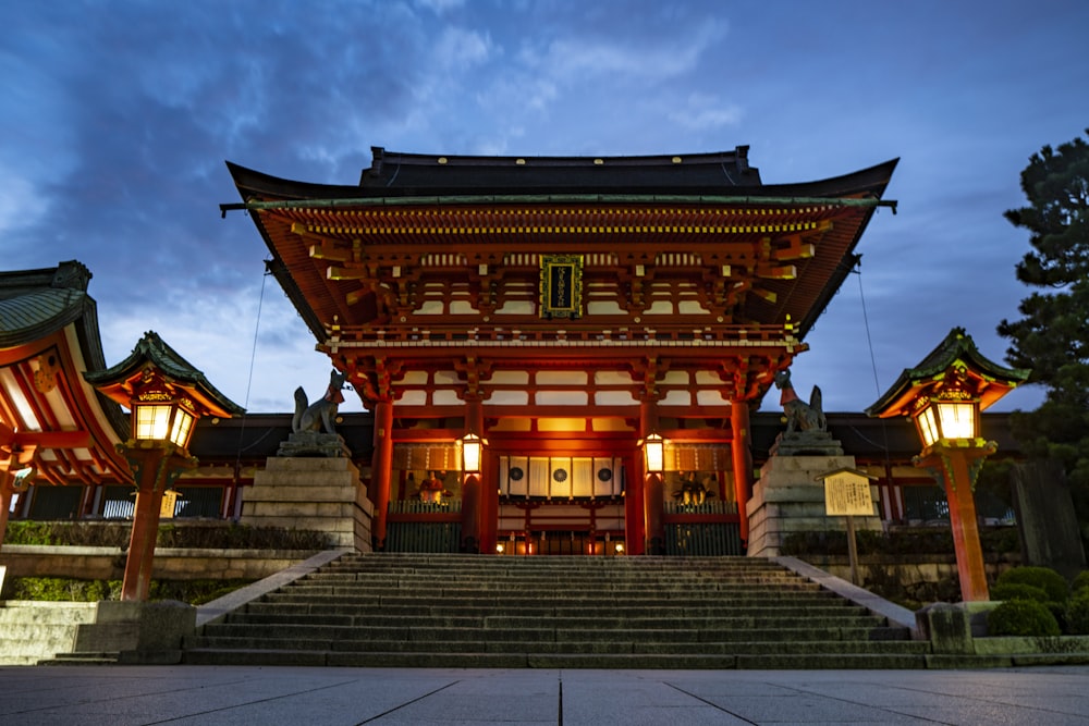 lighted orange and black pagoda