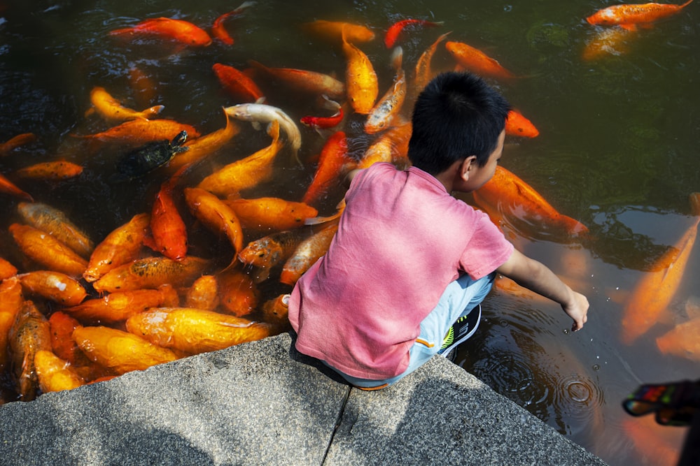 Menino na camisa cor-de-rosa por peixes de Koi na água