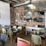 A cozy restaurant interior with a rustic theme, featuring brick walls and a visible kitchen area. The dining area has tables with mismatched chairs, set with glasses and napkins. The shelves display stacked bowls and plates, and hanging salami adds a touch of authenticity. The ceiling shows exposed pipes and industrial elements.