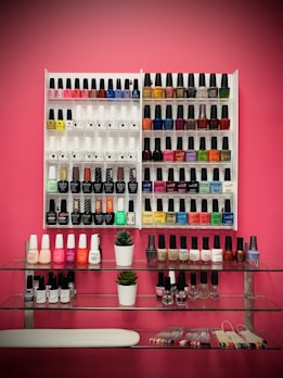 A neatly organized display of various nail polish bottles arranged on white racks against a pink wall. The polishes vary in color, including reds, blues, greens, yellows, and neutrals. Below the racks, two small potted plants sit on glass shelves, accompanied by additional nail polish bottles and what appears to be nail sample sticks.