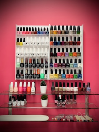 Nail equipment including brushes and polishes neatly organized