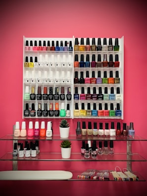 A neatly organized display of various nail polish bottles arranged on white racks against a pink wall. The polishes vary in color, including reds, blues, greens, yellows, and neutrals. Below the racks, two small potted plants sit on glass shelves, accompanied by additional nail polish bottles and what appears to be nail sample sticks.