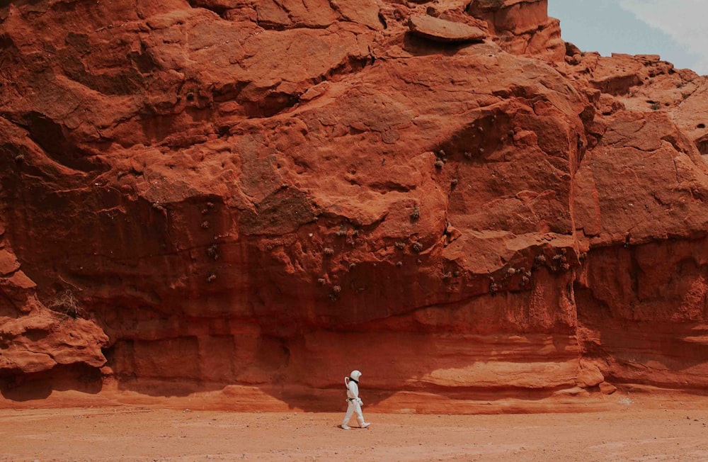 person walking near brown rock