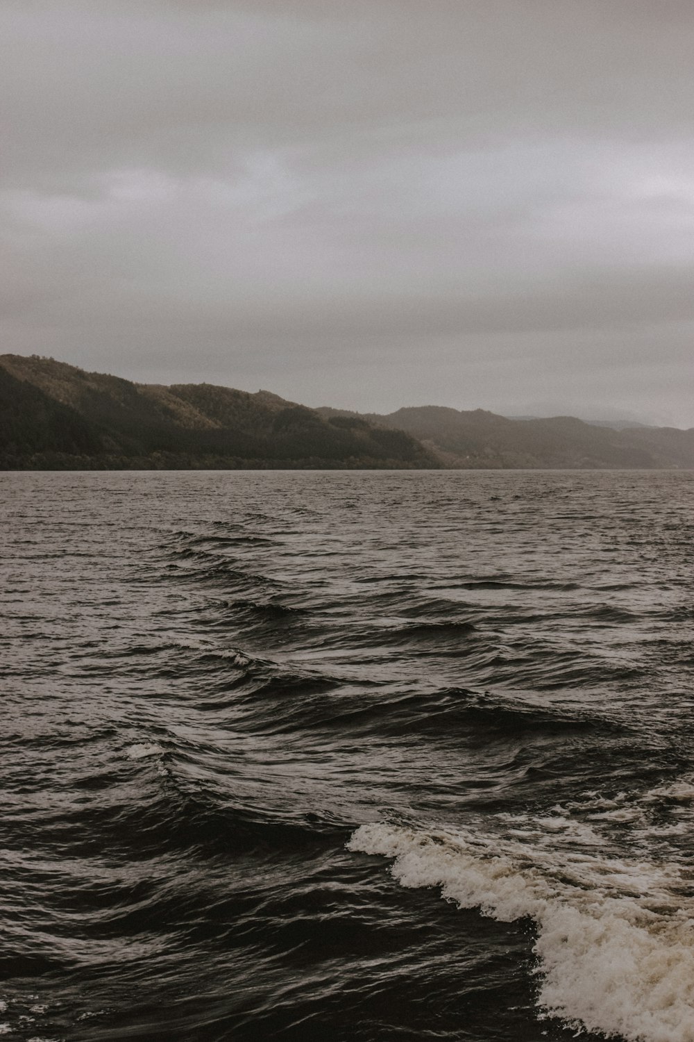 Graustufenfotografie eines Gewässers mit Blick auf den Berg