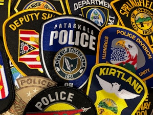 A collection of embroidered law enforcement patches from various departments, featuring badges with designs of eagles, flags, and department names. The colors are vibrant, and the patches are densely arranged, showcasing detailed stitching and a variety of insignias.