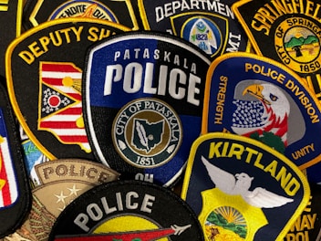 A collection of embroidered law enforcement patches from various departments, featuring badges with designs of eagles, flags, and department names. The colors are vibrant, and the patches are densely arranged, showcasing detailed stitching and a variety of insignias.