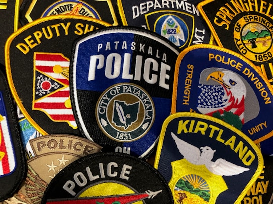A collection of embroidered law enforcement patches from various departments, featuring badges with designs of eagles, flags, and department names. The colors are vibrant, and the patches are densely arranged, showcasing detailed stitching and a variety of insignias.