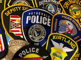 A collection of embroidered law enforcement patches from various departments, featuring badges with designs of eagles, flags, and department names. The colors are vibrant, and the patches are densely arranged, showcasing detailed stitching and a variety of insignias.