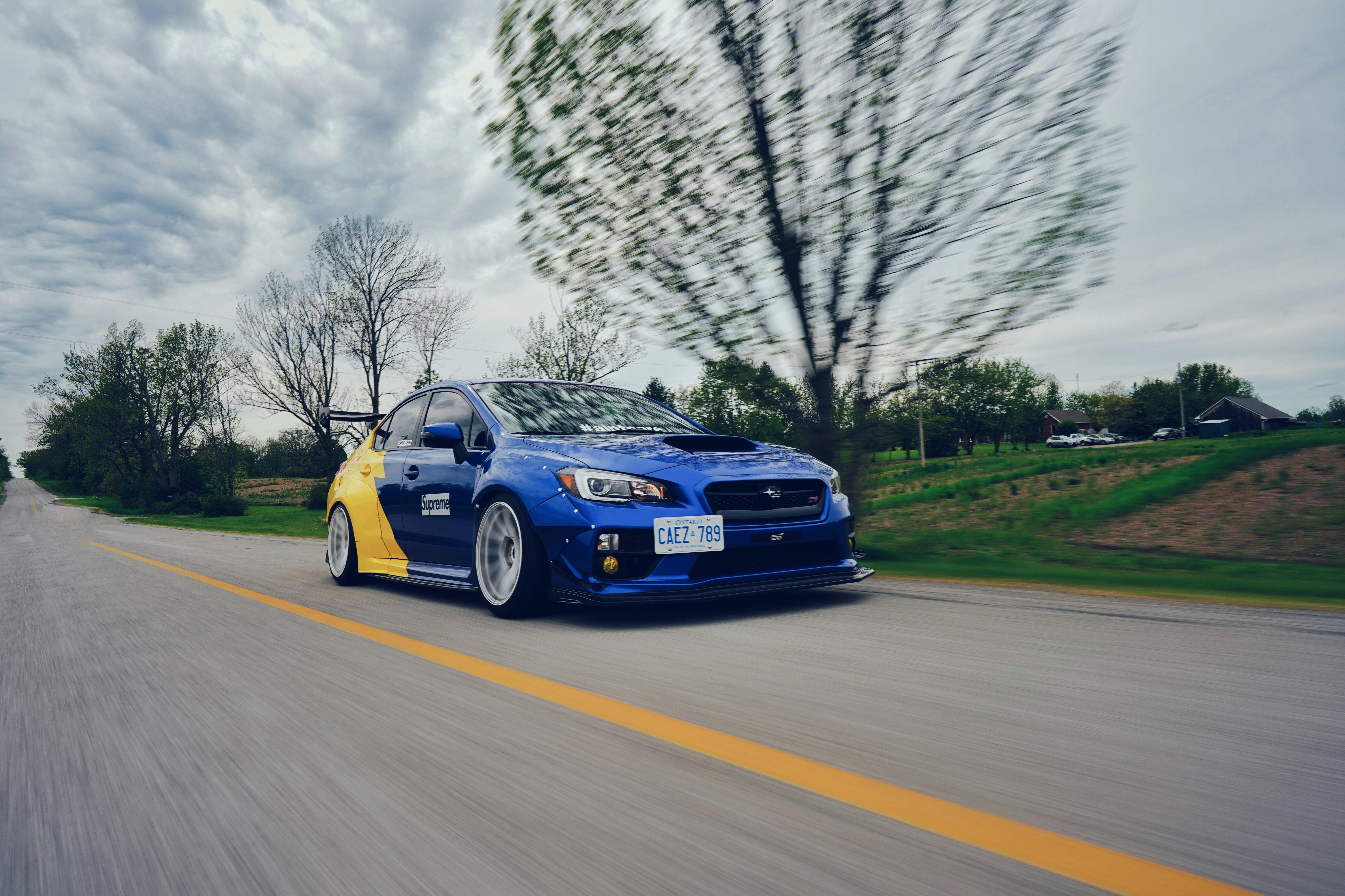 blue and white Ford Mustang