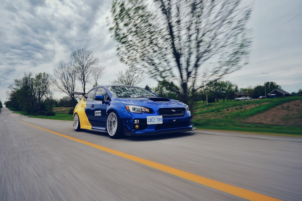 blue and white Ford Mustang