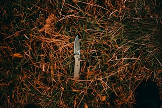 A rugged hunting knife placed on a wooden surface next to some dried leaves and twigs.