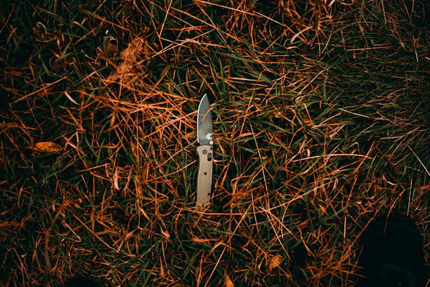 Close-up of a well-used hunting knife with a wooden handle on a bed of autumn leaves.