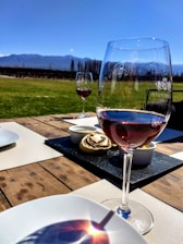 A rustic wooden table set outdoors with plates of fresh antipasti, risotto, and a glass of red wine, surrounded by vineyard hills.