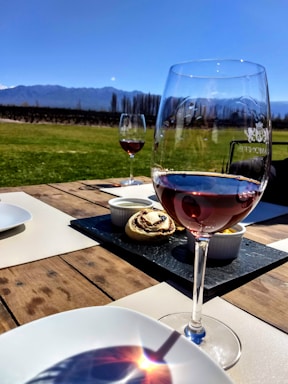A rustic wooden table set outdoors with plates of fresh antipasti, risotto, and a glass of red wine, surrounded by vineyard hills.