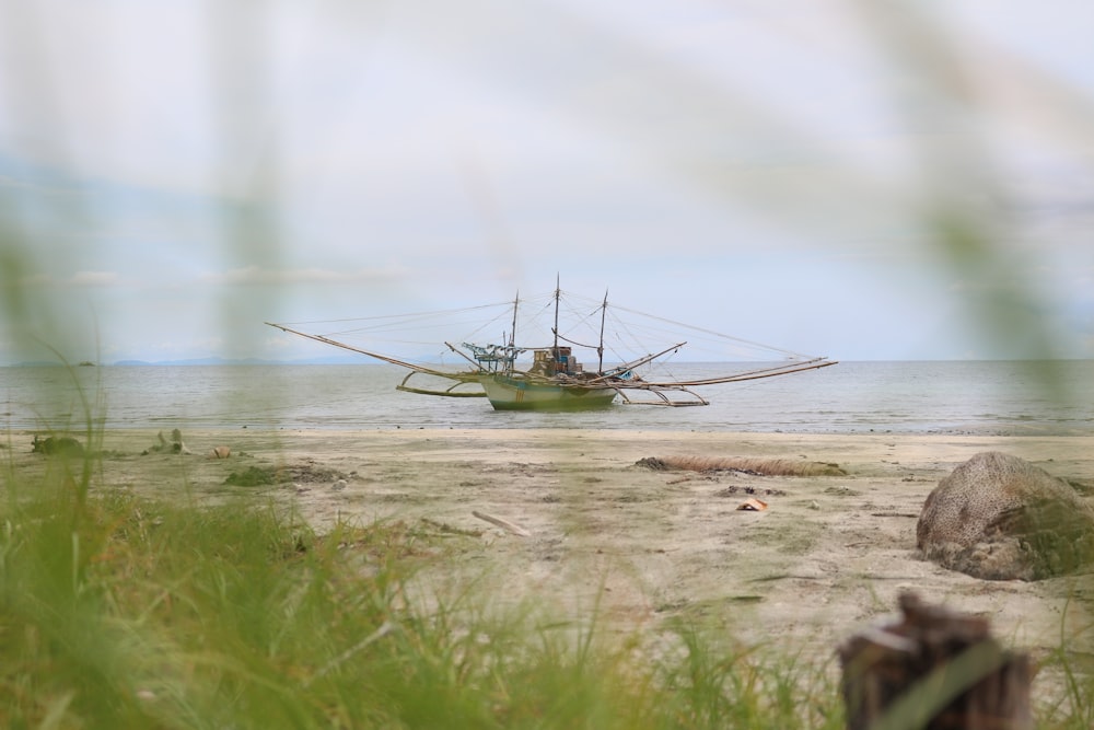 brown boat on beach line