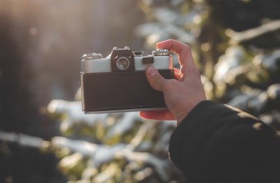 A photographer framing a portrait shot in natural light with a vintage camera.