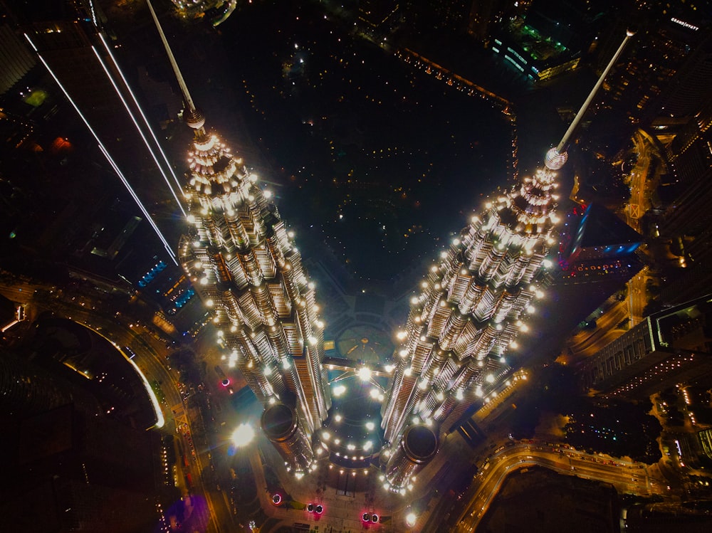 Petronas Tower at night with lights on