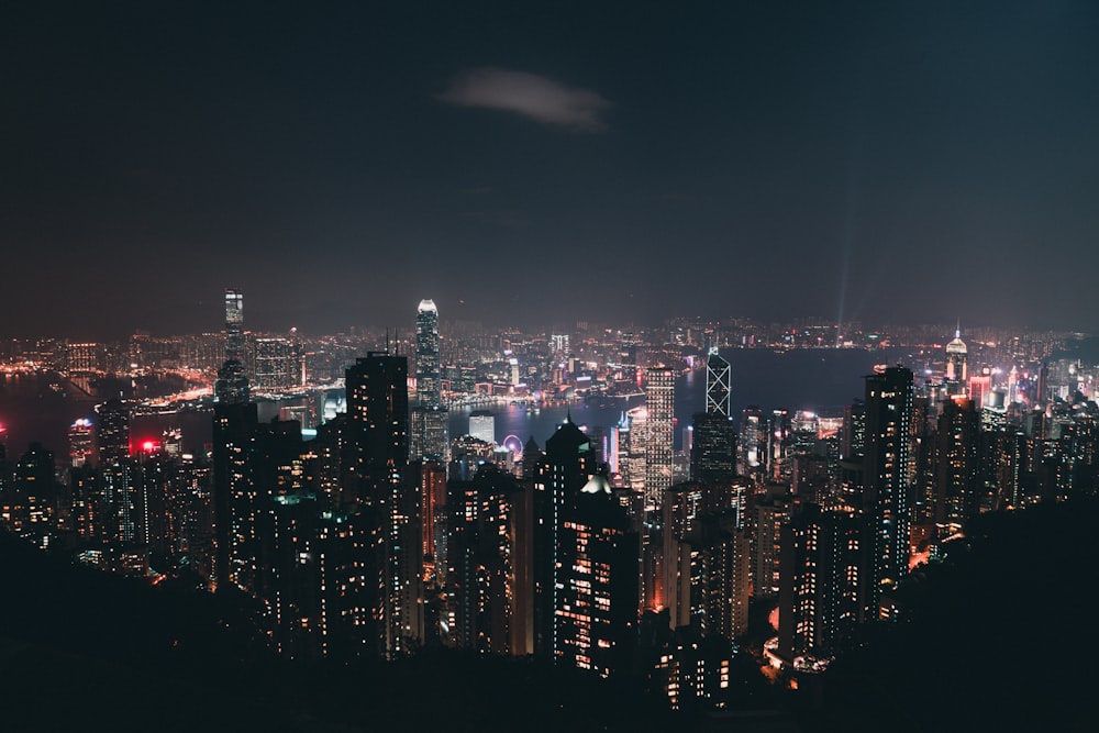 aerial photo of city buildings at night