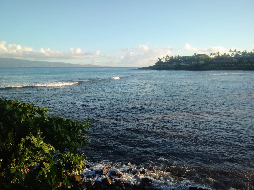 a body of water with a small island in the distance