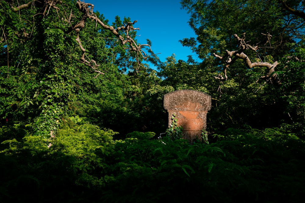a brick structure in the middle of a forest