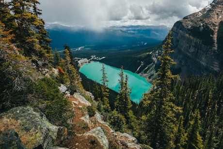 The Canadian Rockies - Lake Louise seen from a trail high above