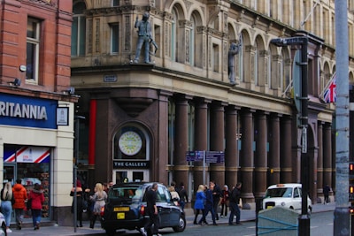 A trendy London look combining modern design with vintage elements on a bustling urban street.